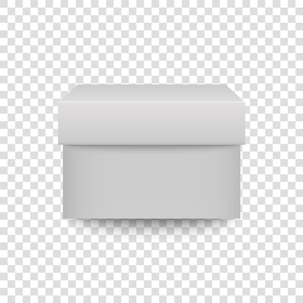 Vista frontal del contenedor realista 3D de caja cuadrada blanca. Cierre la maqueta de la caja de regalo. Envase de cartón o plástico. Vector presente wrapisolated sobre fondo transparente.