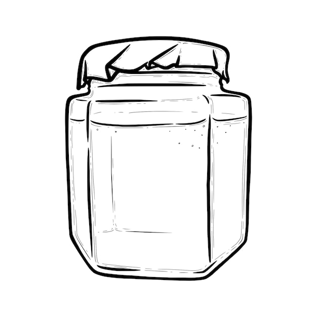 Vista frontal del frasco de vidrio. Tarro hexagonal para conservas de encurtidos, miel o mermelada. Ilustración vectorial dibujada a mano aislada en fondo blanco