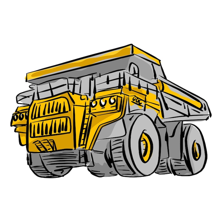 Vector vista frontal de un gran camión minero amarillo boceto de ilustración vectorial dibujado a mano con líneas negras