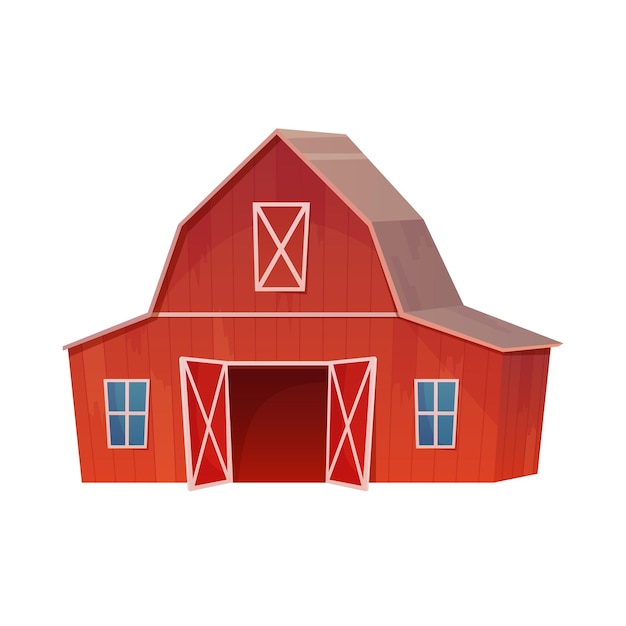 Vista frontal de una granja roja de una casa rústica con ventanas y puerta en el rancho
