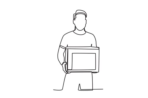 Vector vista frontal de un hombre que lleva una caja de cartón dibujo de una línea del día mundial humanitario