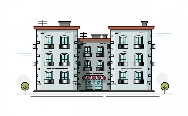Vista frontal de ilustración de vector de edificio de escuela en diseño de contorno de línea de dibujos animados plana