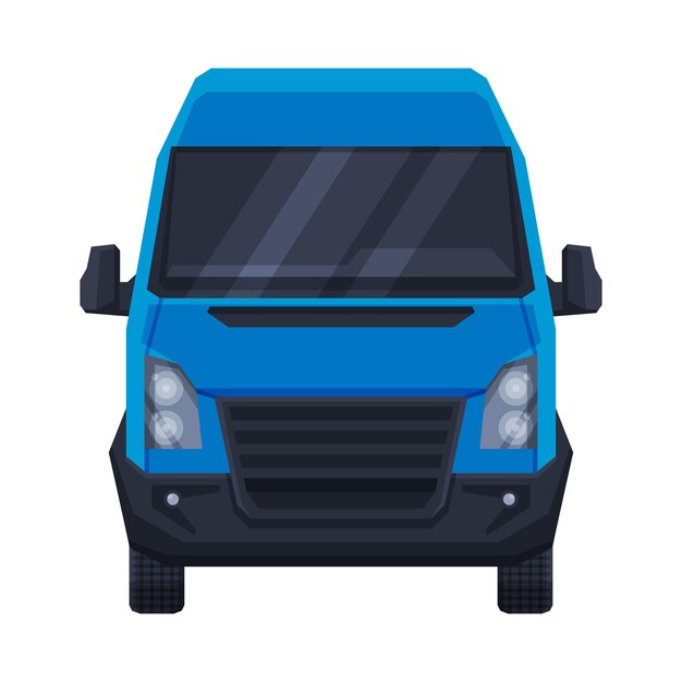 Vista frontal de un minibus azul para el transporte de pasajeros o carga Minivan Ilustración vectorial plana de un vehículo automovilístico