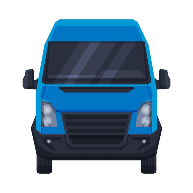 Vector vista frontal de un minibus azul para el transporte de pasajeros o carga minivan ilustración vectorial plana de un vehículo automovilístico