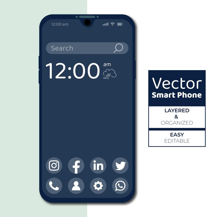 Vista frontal de la plantilla Vector Smartphone realista con pantalla oscura e iconos de redes sociales
