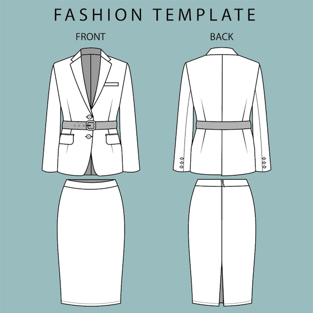 vista frontal y posterior de blazer y falda. traje de oficina. plantilla de dibujo plano de moda