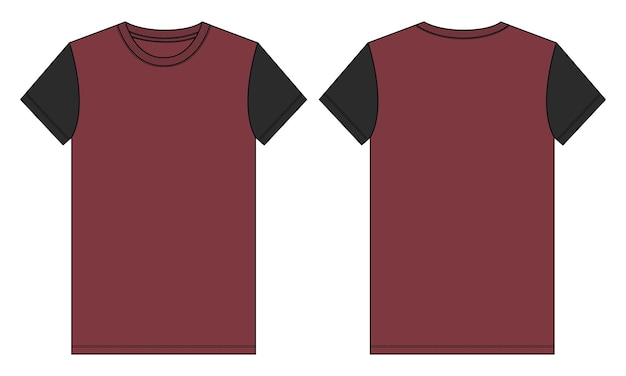 Vista frontal y posterior de la plantilla de ilustración vectorial de camiseta de manga corta en color rojo y negro de dos tonos