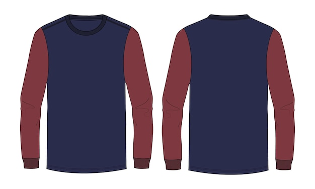 Vista frontal y posterior de la plantilla de ilustración vectorial de camiseta de manga larga de color azul marino y rojo de dos tonos