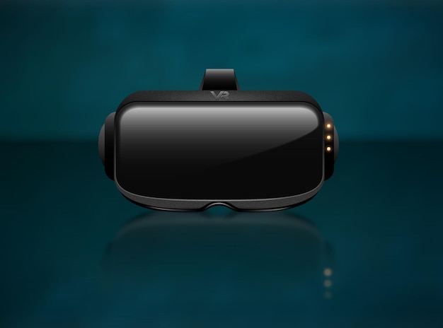 Vista frontal de primer plano de la caja de auriculares de realidad virtual 3d realista. Símbolo de simulación de tecnología de ciberespacio digital de innovación futurista. Dispositivo de máscara vr estereoscópica de vector sobre fondo azul verde.