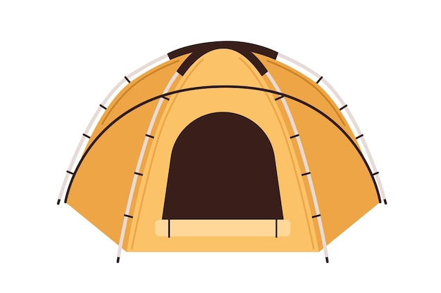 Vista frontal de la tienda de lona con techo en forma de cúpula aislado sobre fondo blanco. refugio para vacaciones en la naturaleza, camping, senderismo y montañismo. equipo de viaje. ilustración de vector de dibujos animados plana.