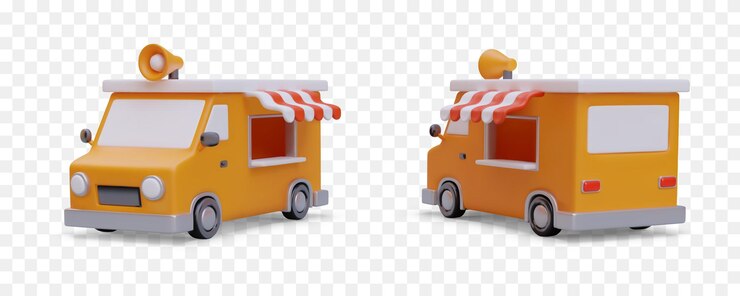 Vector vista frontal y trasera realista del camión de comida vehículo en color para comercio callejero