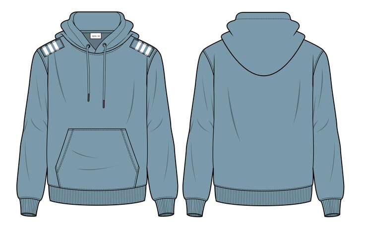 Vector vista frontal y trasera de una sudadera con capucha azul con la parte delantera y trasera mirando hacia el frente.
