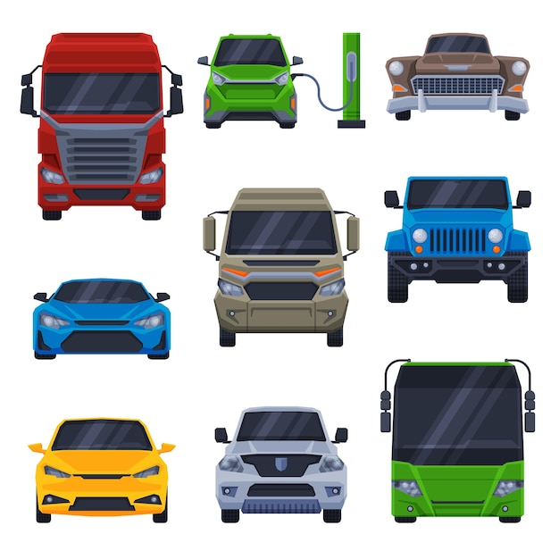 Vista frontal de varios vehículos Colección de automóviles camiones autobuses SUV minibuses Ilustración vectorial plana