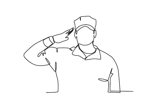 Vista frontal de un veterano saludando el dibujo en línea del Día de los Veteranos