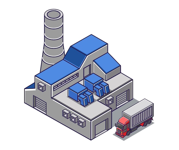 Vista de ilustración de concepto isométrico plano del edificio de la fábrica industrial y la chimenea