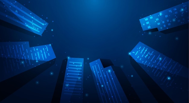 vista inferior de un edificio moderno de rascacielos tecnología de la ciudad en fondo azul ilustración vectorial tecnología fantástica