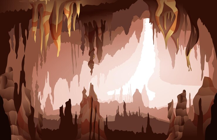 Vector vista interior de la cueva de estalactitas y estalagmitas