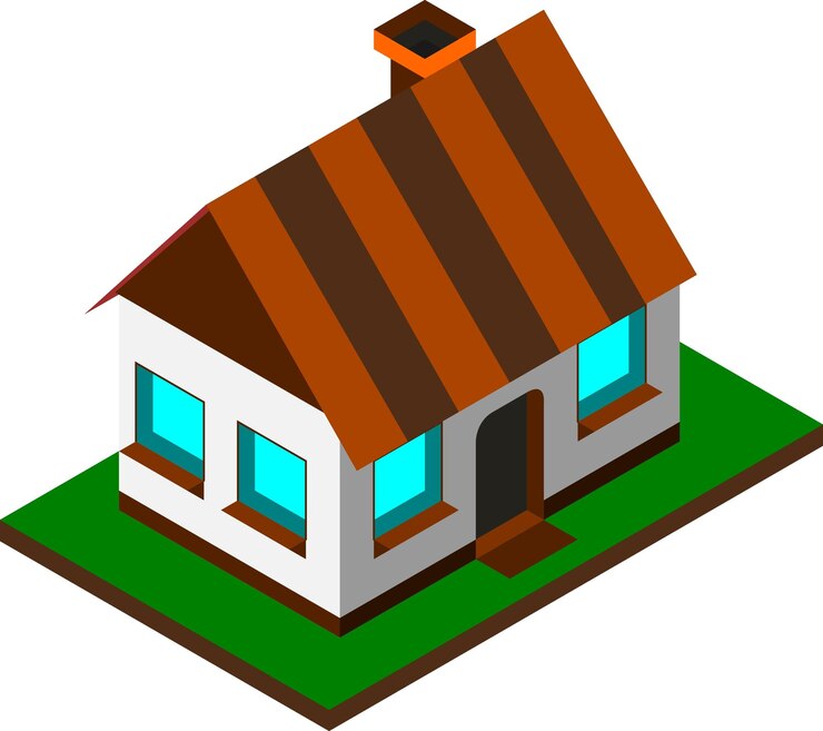 Vista isométrica de una casa simple con un techo marrón y una chimenea en una base verde