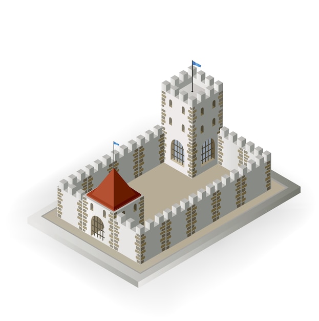 Vector vista isométrica de un castillo medieval sobre un fondo blanco