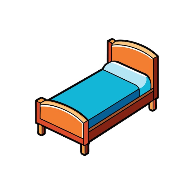 Vista isométrica de una cómoda cama de madera con ropa de cama azul