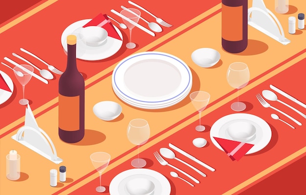 Vista isométrica de una configuración de mesa de comedor con utensilios y ilustraciones vectoriales de botellas de vino