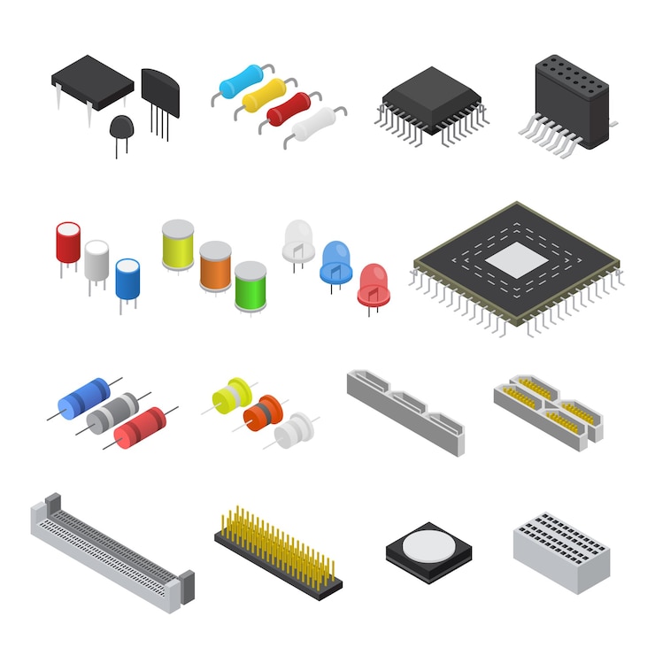 Vector vista isométrica del conjunto de componentes de la placa de circuito electrónico de la computadora para web