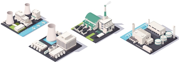 Vista isométrica del conjunto de fábricas industriales con múltiples estructuras y elementos Ilustración vectorial