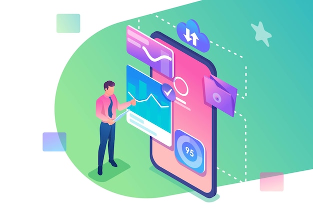 Vista isométrica de datos para análisis empresario trabaja con datos en la pantalla del teléfono inteligente Para el diseño web
