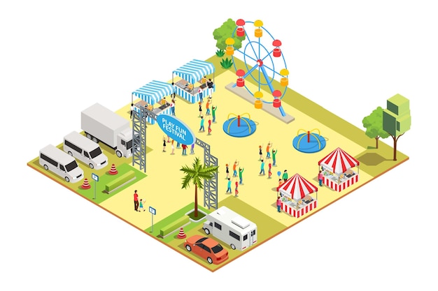 Vista isométrica de una escena de carnaval o parque de atracciones