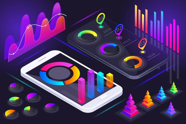 Vista isométrica de la pantalla del teléfono inteligente, diagramas coloridos holográficos, gráficos, análisis, informes, ganancias, liderazgo en el mercado