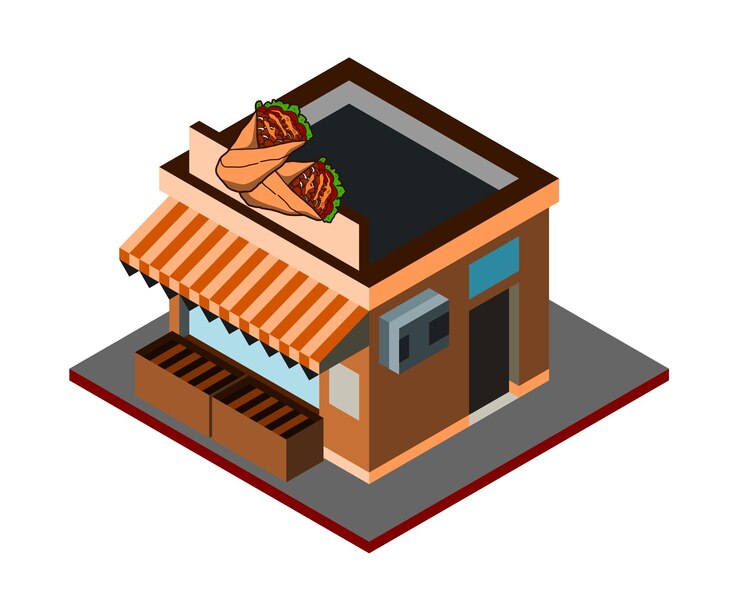 Vista isométrica de un restaurante de tacos con toldo