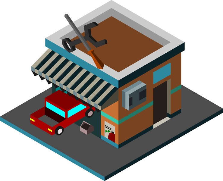 Vista isométrica de un taller de reparación de automóviles con un coche rojo y herramientas en el techo