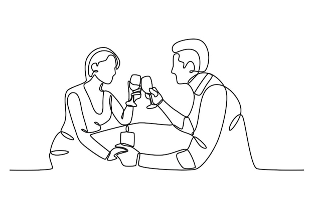 Vista lateral de los amantes cenando cena a la luz de las velas dibujo en línea
