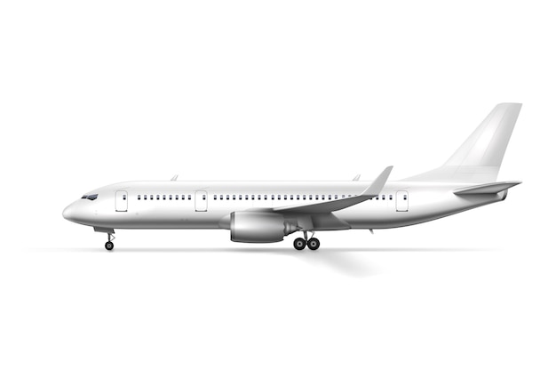 Vista lateral de avión o avión de pasajeros blanco brillante en blanco