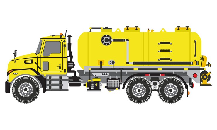 Vista lateral del camión tanque séptico en vector de color amarillo