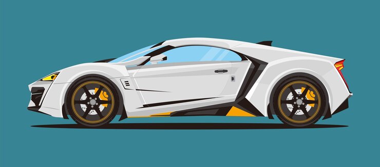 Vista lateral del coche deportivo en color blanco y vector de adorno amarillo