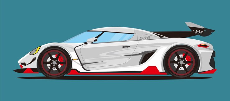 Vista lateral del coche deportivo en color blanco y vector de adorno rojo