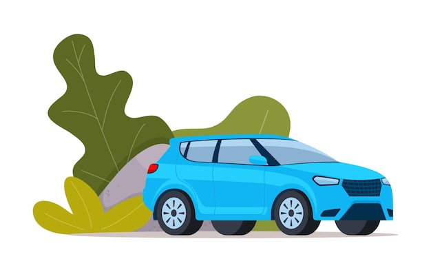 Vista lateral del coche Suv moderno azul Arbustos verdes en el fondo Ilustración vectorial