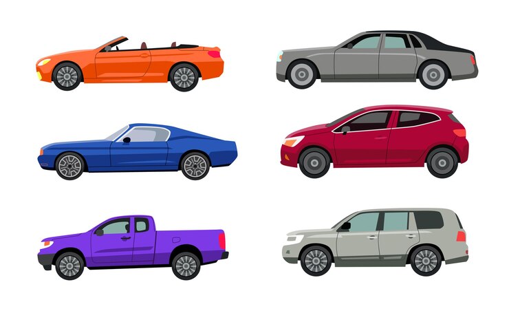 Vector vista lateral del conjunto de ilustraciones planas de diferentes modelos de coches. automóviles de varios colores, suv, hatchback, sedán, camioneta, convertible aislado en blanco