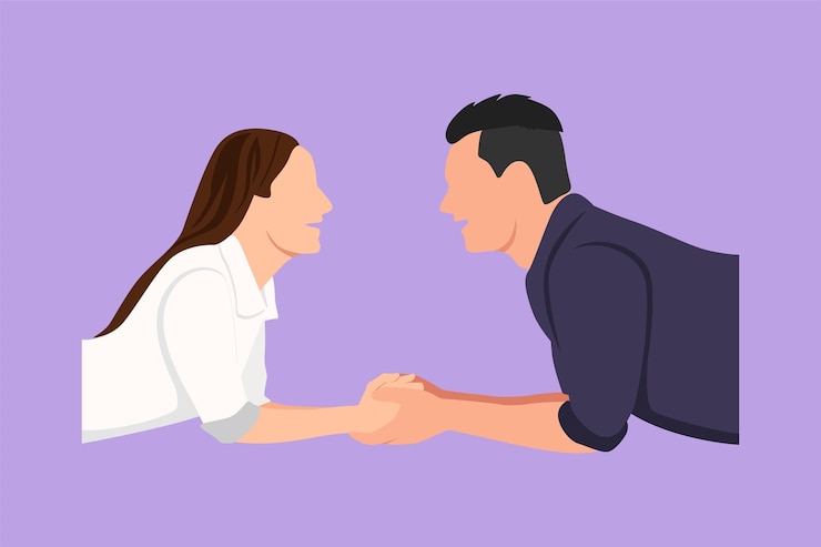 Vector vista lateral de dibujo de estilo plano de dibujos animados de una hermosa pareja joven tomados de la mano mirándose y sonriendo mientras está acostado en el piso en casa concepto de matrimonio feliz ilustración de vector de diseño gráfico