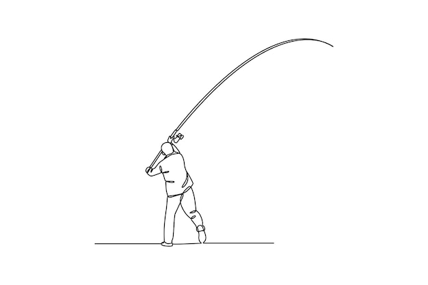 Vista lateral de dibujo de línea continua simple del hombre lanzó una caña de pescar sobre fondo blanco pescador silueta aislada de un pescador