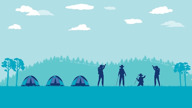 Vista lateral de dibujos animados planos del grupo de excursionista viajero o trekker y carpa