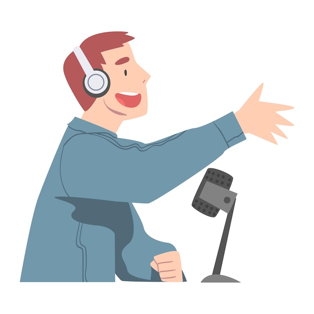Vista lateral del hombre con auriculares haciendo podcast de audio en vivo con micrófono Anfitrión de radio comunicándose con el invitado en el estudio Ilustración vectorial al estilo de dibujos animados