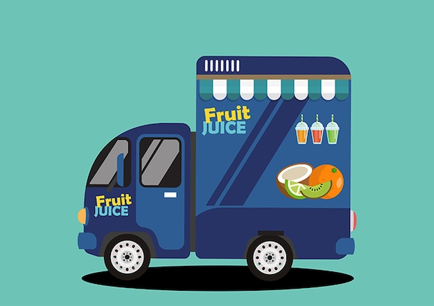Vista lateral de ilustración vectorial de la furgoneta de jugo azul con icono de fruta