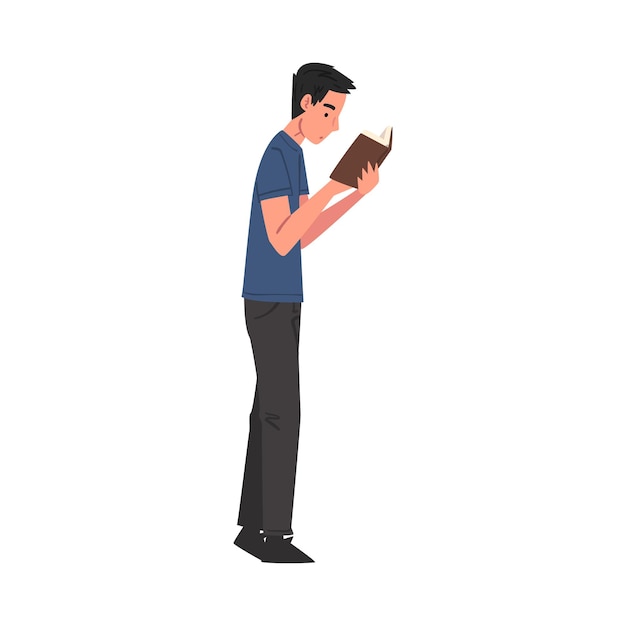 Vista lateral de un joven leyendo un libro de pie Personaje de estudiante masculino Estudiando o preparándose para un examen Amante del libro Literatura Fan Ilustración vectorial de estilo dibujos animados