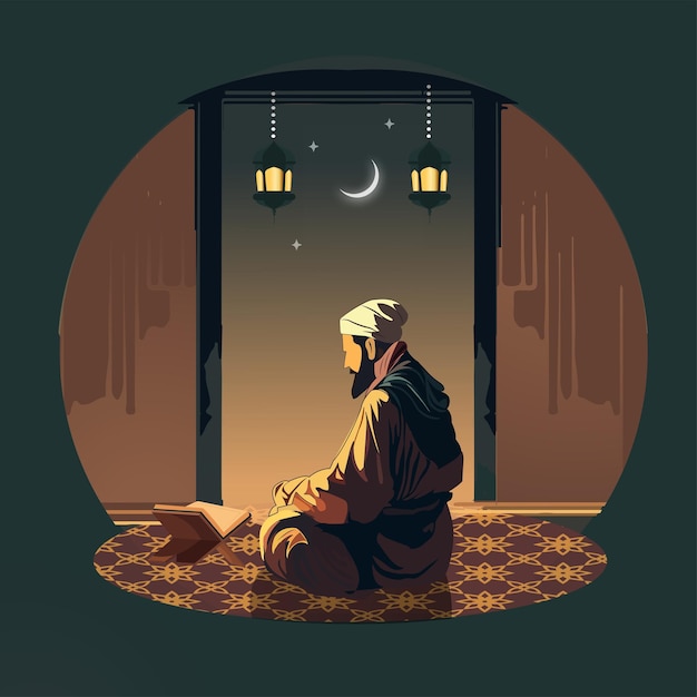 Vista lateral del personaje del hombre musulmán que ofrece namaz con el libro del corán en el concepto del festival islámico nocturno