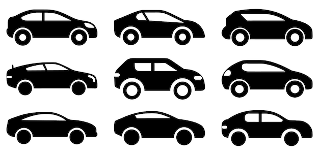 Vista lateral siluetas negras de automóviles Vehículos modernos y clásicos Pack de iconos de sedán y coupé Coches elegantes