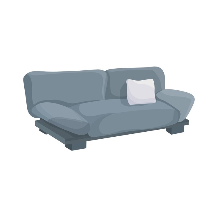 Vector vista lateral del sofá gris en estilo de dibujos animados sofá grande y almohada pequeña muebles para interior aislado en un fondo blanco