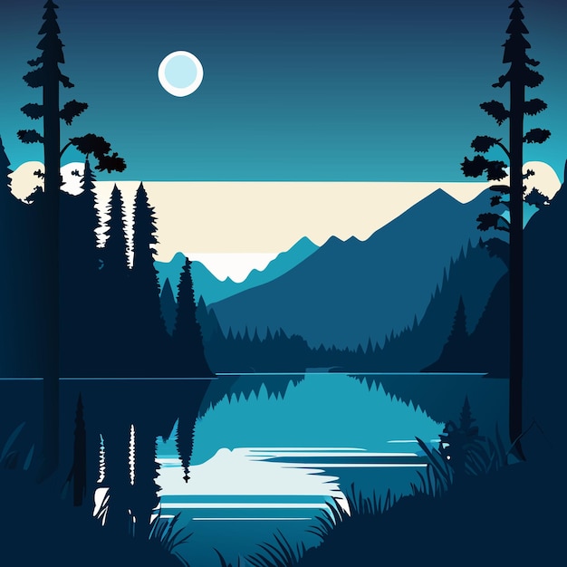 Vista mágica del lago iluminado por la luna en una noche de luna llena