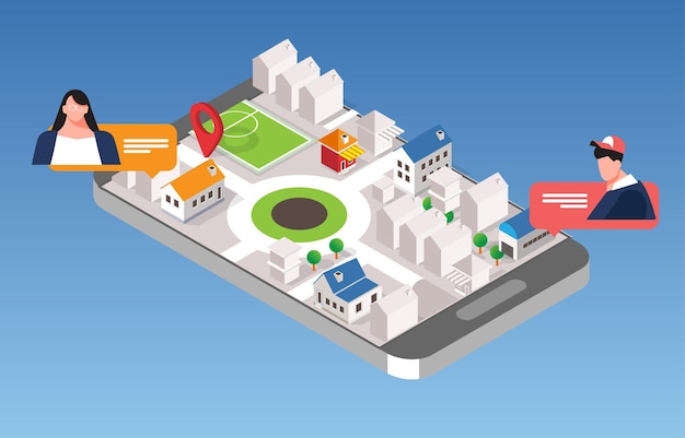 vista de mapa isométrico por teléfono aplicación de servicios de entrega de vista previa 3D realista